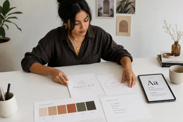 Diseño de manual de marca y branding corporativo sobre mesa de trabajo